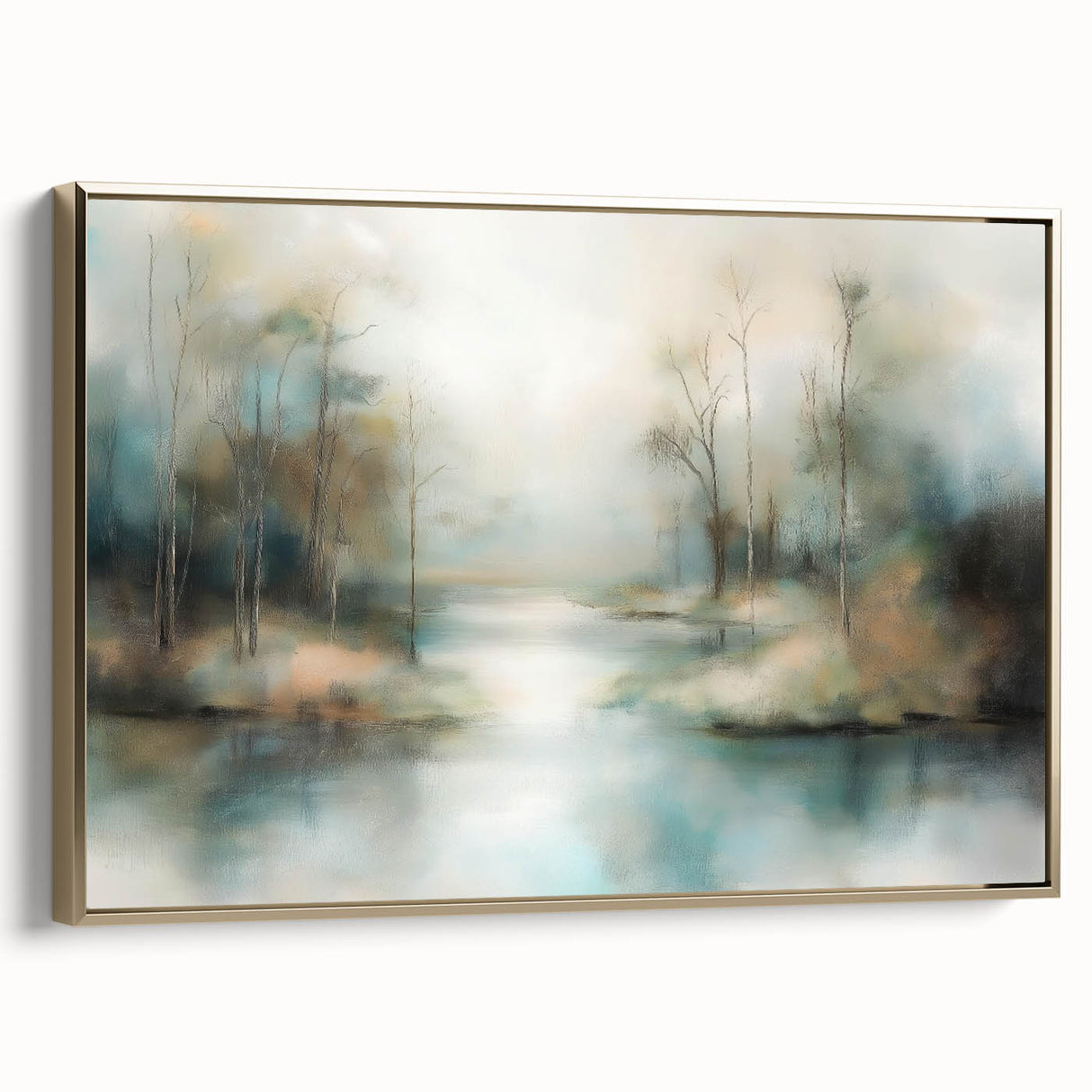 Abstract landscape framed canvas artwork in gold, showcasing vibrant hues of blue and green. The side view highlights its elegant frame and modern design, perfect for contemporary home decor.