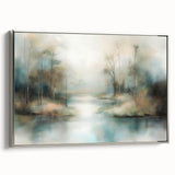 Framed abstract landscape canvas artwork showcasing serene hues of blue and green, elegantly bordered in silver, ideal for modern home decor.