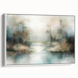 Framed abstract landscape canvas artwork showcasing a serene white and gray color palette, ideal for modern home decor, displayed in a side view.