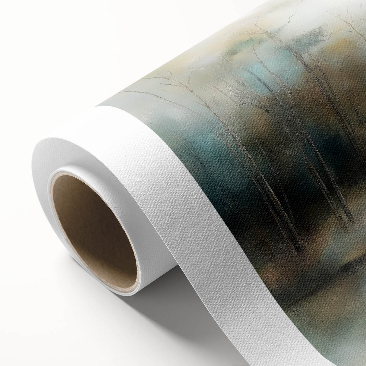Abstract landscape canvas art showcasing vibrant colors and a textured design, elegantly rolled and packaged for display in a modern home or office decor.