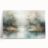Abstract landscape stretched canvas art piece with soft blue and green hues, showcasing a tranquil natural scene, ideal for modern home decor.