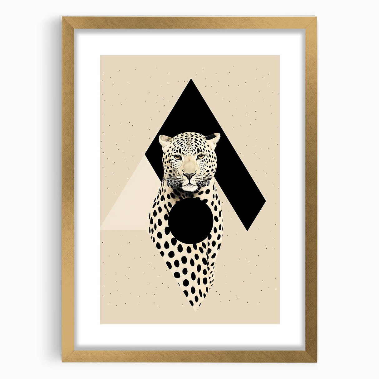 Abstract minimalist wall art framed in gold with a white mat, showcasing geometric shapes in soft hues, perfect for modern home decor.