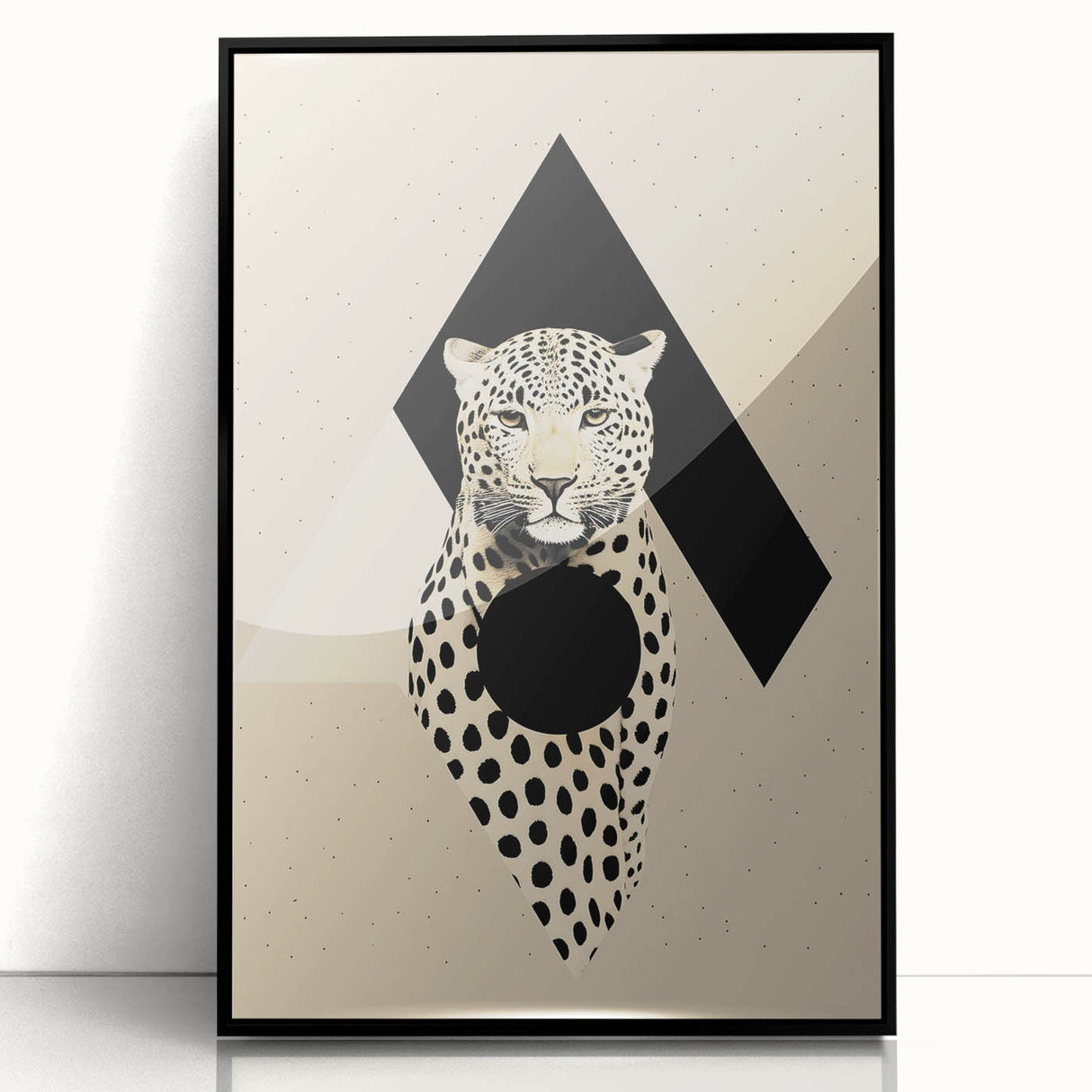 Abstract minimalist wall art framed in black acrylic, showcasing a modern design with geometric shapes and soft color gradients, perfect for contemporary decor.
