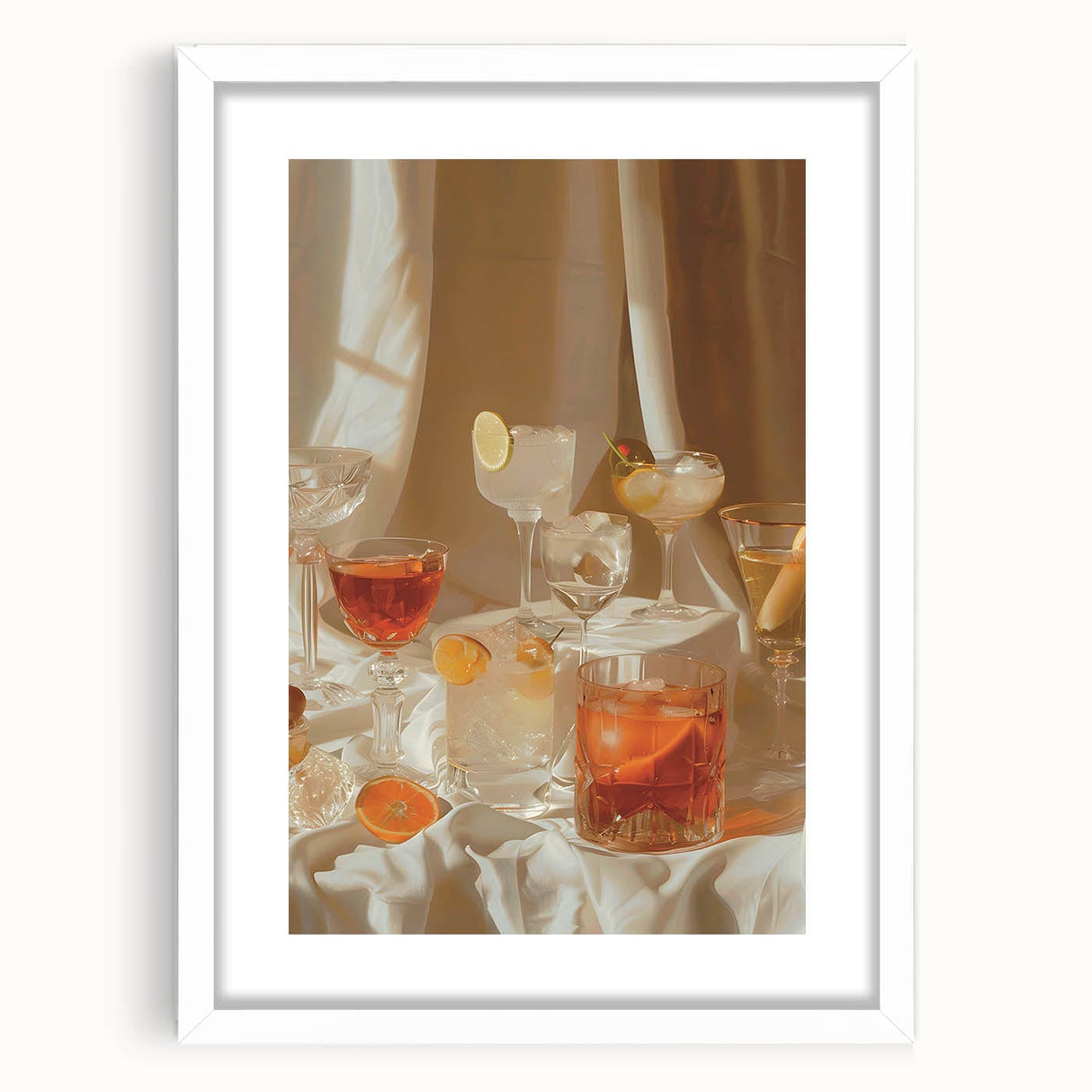 Abstract art print of assorted beverages in muted earth tones on a white framed canvas, suitable for dining room decor.