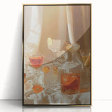 Large art print of a mid-century modernist food and drinks motif in gold tones, framed in acrylic.