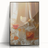 Mid-century modernist art depicting food and drinks in muted colors on a framed acrylic, ideal for nursery wall art.