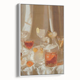Vintage poster art of colorful cocktails on a black background, framed canvas, ideal for living room decor.