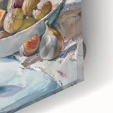 Close-up of large abstract wall art featuring assorted fruits in vibrant colors on acrylic glass, ideal for dining room art.