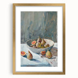 Extra large abstract art print featuring assorted fruits in vibrant colors, framed in gold, ideal for living room decor.