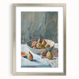 Textured art featuring abstract fruit designs in vibrant colors on a silver-framed mat, suitable for bedroom decor.