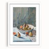 Abstract art print featuring assorted fruits in vibrant colors on a white framed mat, ideal for dining room decor.
