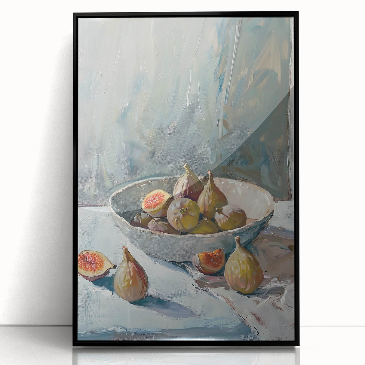 Large abstract wall art featuring assorted fruits in bold colors on a black acrylic frame, suitable for modern kitchen decor.