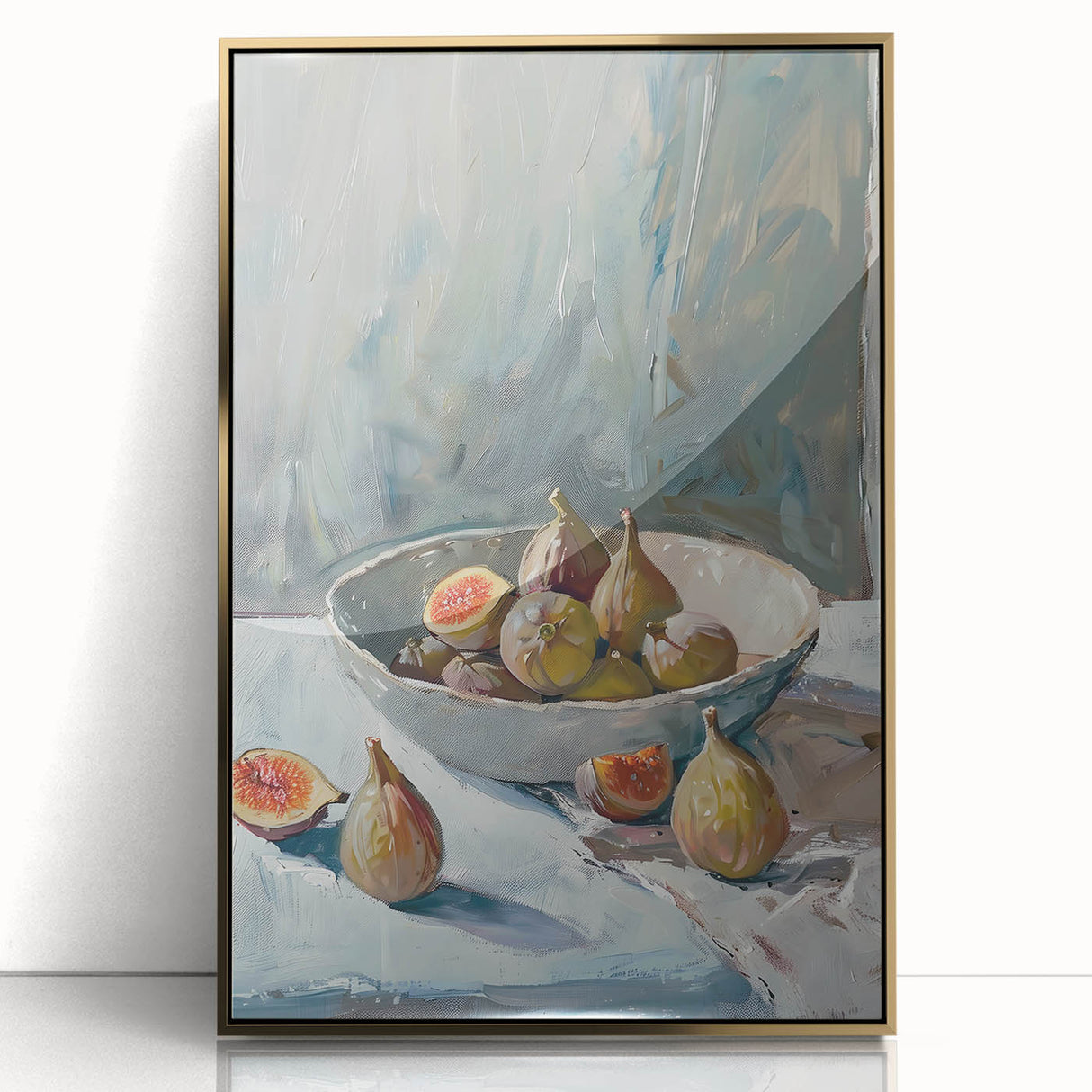 Large art print of colorful fruits in gold frame on acrylic, in mid-century modernist style, suitable for nursery wall art.