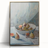 Large art print of colorful fruits in gold frame on acrylic, in mid-century modernist style, suitable for nursery wall art.