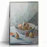 Mid-century modernist art depicting vibrant fruits on a silver-framed acrylic, ideal for modern kitchen decor.