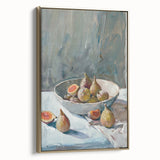 Framed canvas featuring a vintage poster of assorted fruits in muted colors, ideal for bedroom wall art.