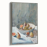 Landscape art painting featuring colorful fruits on a vintage poster, displayed in a black frame.