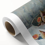 Art Deco style poster featuring assorted fruits in vibrant colors on a rolled canvas, ideal for nursery wall art.