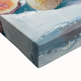 Large art of a black and white landscape painting on stretched canvas, depicting a close-up view of assorted fruits.