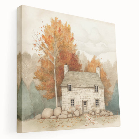 Autumn-themed abstract wall art on stretched canvas featuring warm orange and red tones, suitable for kitchen decor.