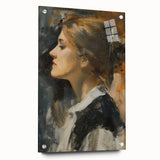 Abstract figurative acrylic artwork displayed in a side view, showcasing vibrant colors and intricate pin detailing, perfect for modern home decor.