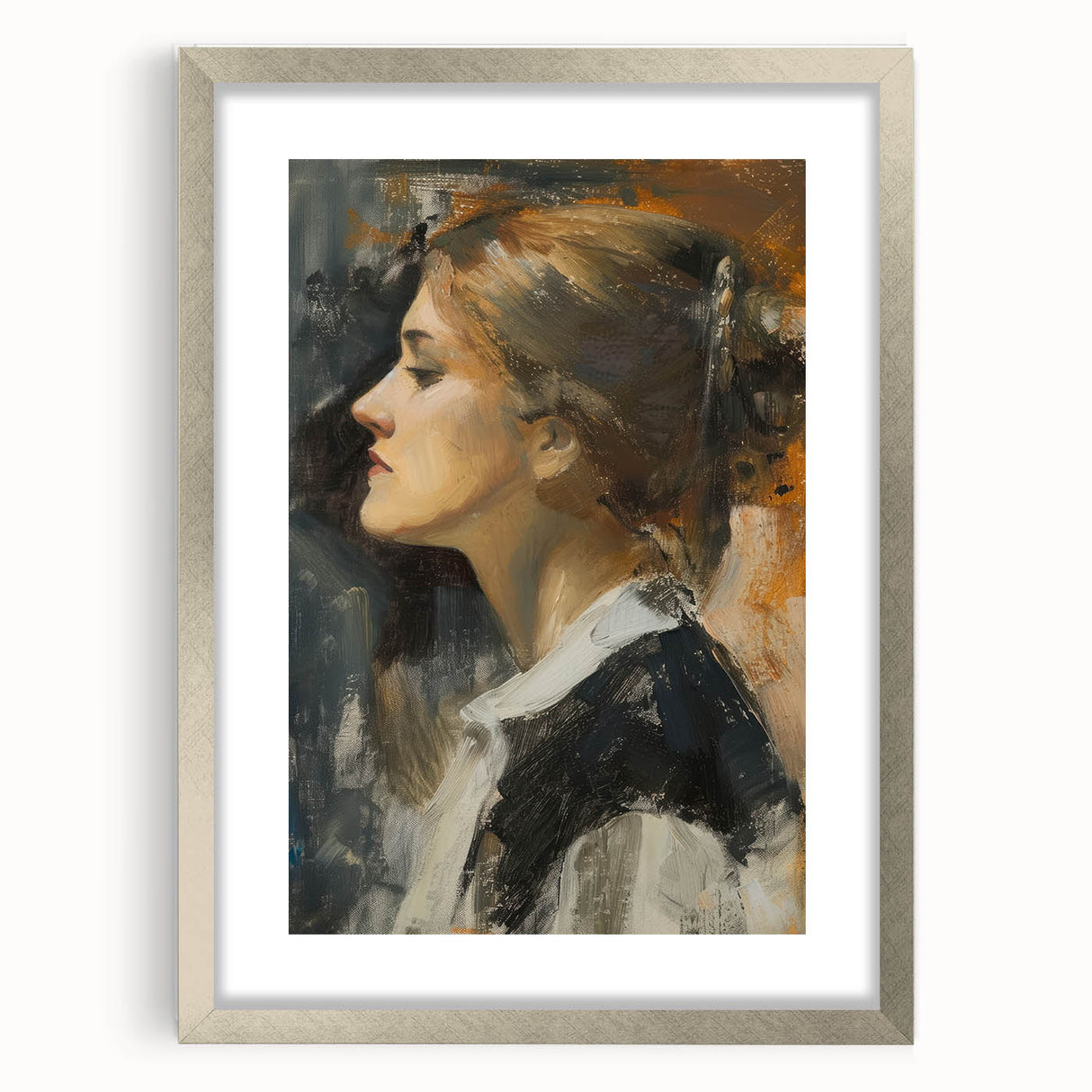 Abstract figurative frame in silver with a mat, showcasing a modern design. The front view highlights clean lines and a sleek finish, perfect for contemporary decor.