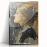 Framed acrylic artwork showcasing an abstract figurative design with gold accents, ideal for modern home decor. The piece adds elegance and sophistication to any room.