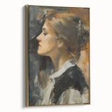 Framed abstract figurative canvas art featuring a gold and black design, showcased from the side to highlight its elegant frame and modern aesthetic. Perfect for contemporary home decor.