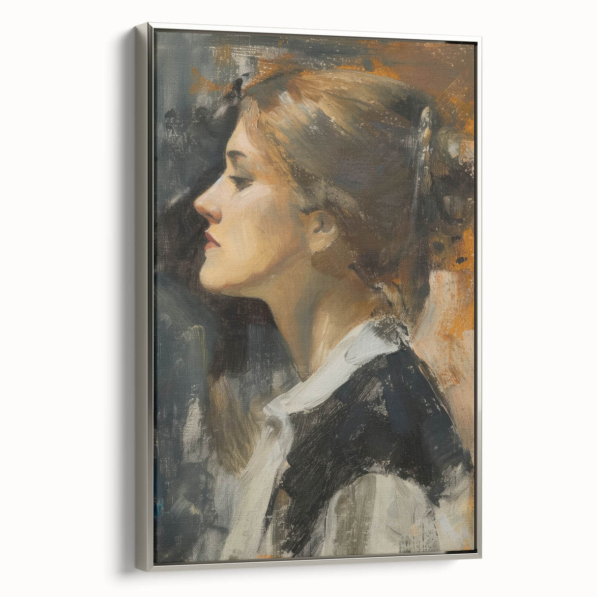 Framed abstract figurative canvas artwork showcasing a silver frame, highlighting modern artistic elements and textures, ideal for contemporary home decor.