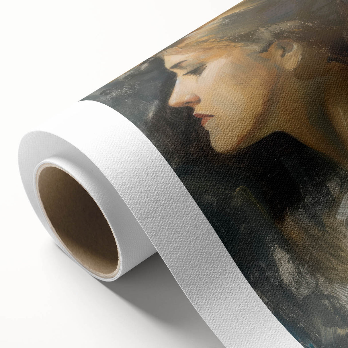 Abstract figurative rolled canvas artwork showcasing vibrant colors and dynamic shapes, ideal for contemporary decor, presented in protective cardboard packaging.