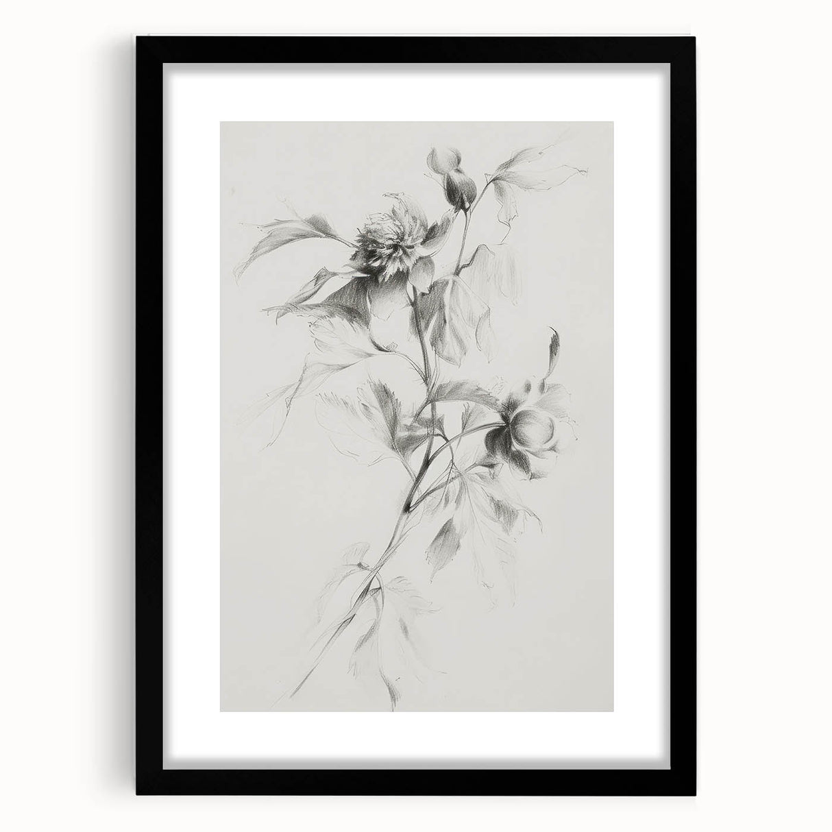 Abstract floral frame with a black mat, showcasing vibrant, colorful flowers against a neutral background, ideal for enhancing modern home decor.