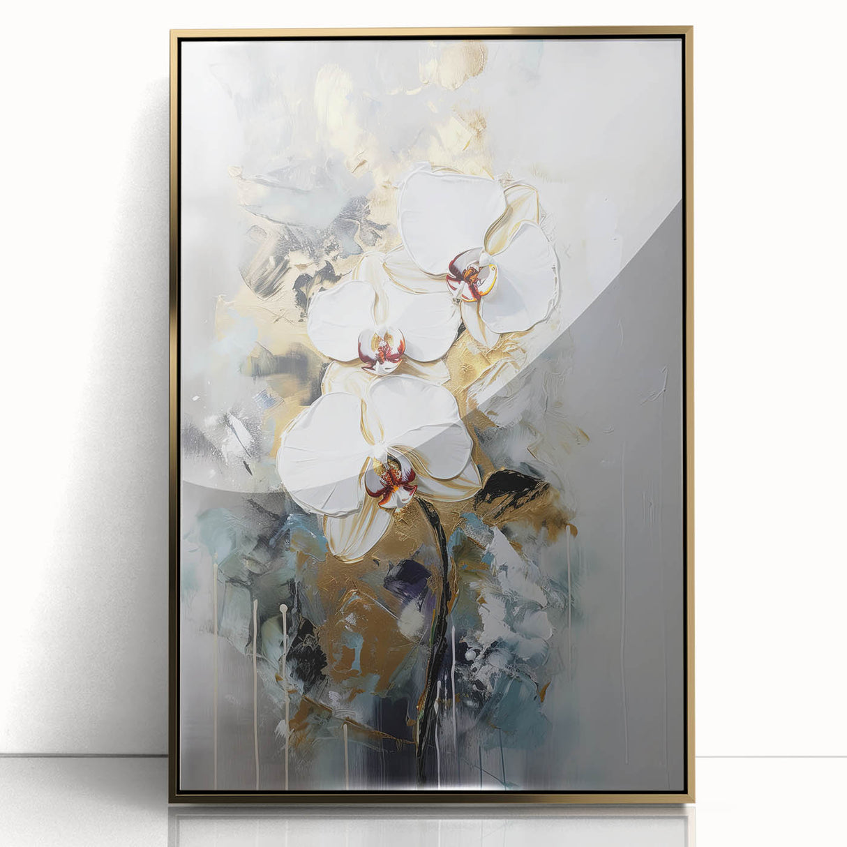 Framed abstract floral artwork in vibrant colors, featuring delicate blooms and gold accents, ideal for modern home decor. Perfect for adding elegance to any space.