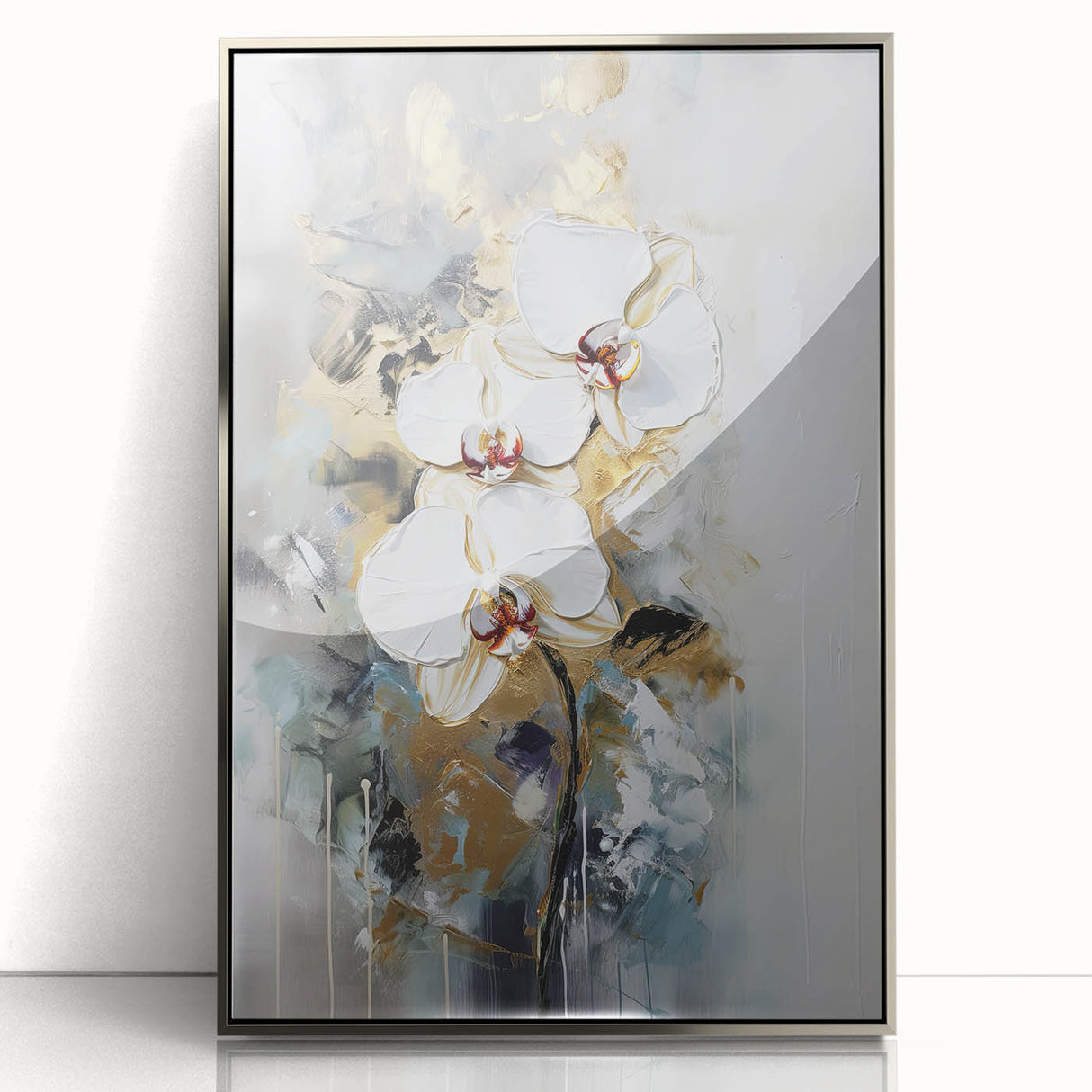 Framed acrylic artwork showcasing a vibrant abstract floral design in rich hues of pink and gold. The piece is elegantly displayed in a sleek silver frame, adding a modern touch to any decor. Ideal for art enthusiasts looking to enhance their home or office with contemporary floral decor.