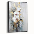 Framed abstract floral canvas art in black, showcasing vibrant colors and intricate designs, ideal for modern home decor. Side view highlights its sleek profile and elegant presentation, perfect for enhancing any living space.