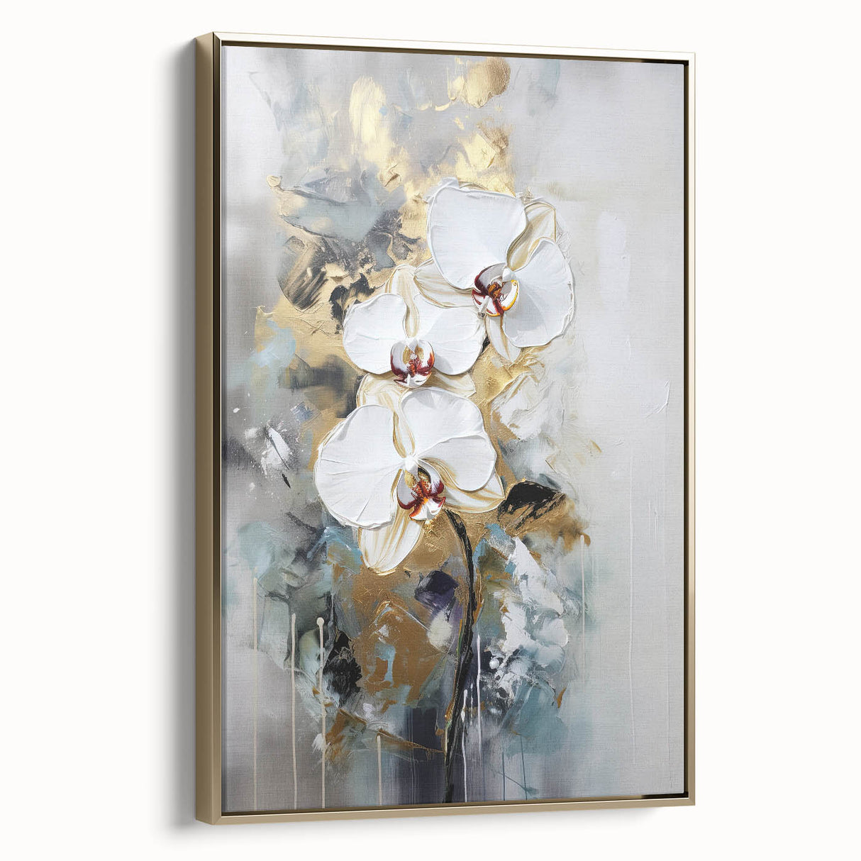 Framed canvas artwork showcasing abstract floral designs in vibrant colors, set against a gold background, perfect for modern home decor and interior styling.