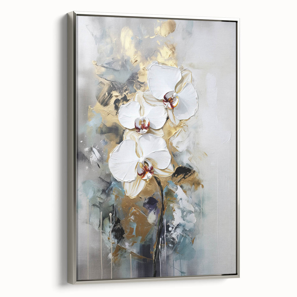 Framed canvas artwork showcasing abstract floral designs in vibrant colors, featuring a sleek silver frame, ideal for modern home decor and artistic flair.