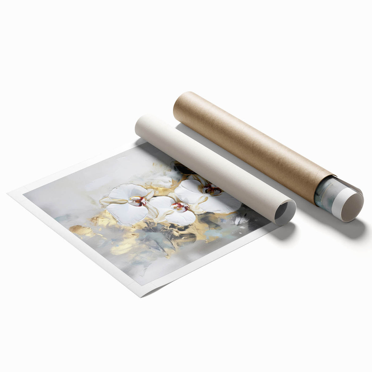 Vibrant abstract floral rolled print showcasing colorful blooms and intricate patterns, ideal for modern home decor or artistic wall displays, packaged securely.