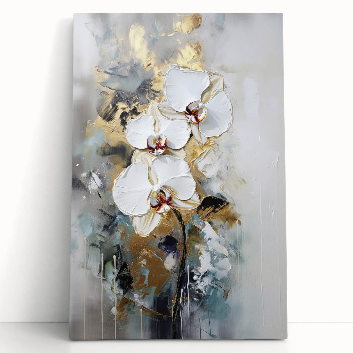 Abstract floral stretched canvas art featuring vibrant colors and intricate designs, leaning against a textured wall, perfect for modern home decor.