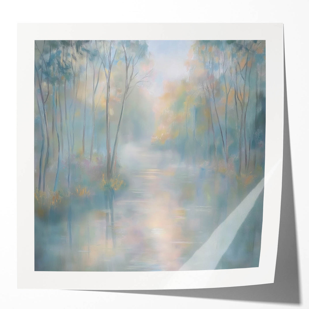 Abstract landscape print displayed in a glossy mockup, showcasing vibrant colors and fluid shapes that evoke a serene natural scene, perfect for modern decor.