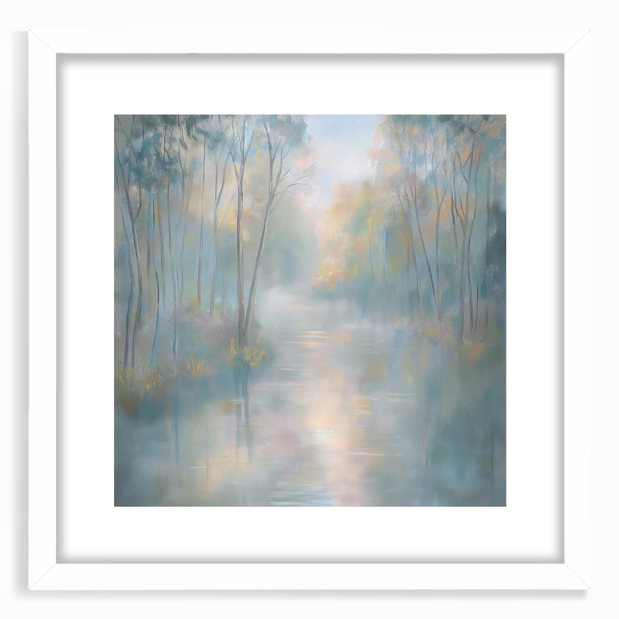 Abstract landscape art print framed in white, showcasing vibrant colors and dynamic shapes. Perfect for modern decor, adding a touch of creativity to any space.