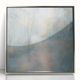 Framed abstract landscape artwork featuring vibrant colors and dynamic shapes, set in a sleek silver frame, perfect for modern home decor. The piece evokes a sense of tranquility and nature, ideal for enhancing living spaces.