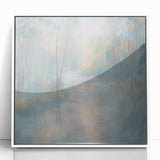 Framed abstract landscape artwork showcasing vibrant colors and fluid shapes, set against a sleek white background, ideal for modern home decor.