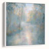 Framed abstract landscape canvas art in a white frame, showcasing soft earth tones and flowing shapes, ideal for modern home decor and enhancing interior aesthetics.