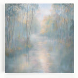 Vibrant abstract landscape stretched canvas artwork showcasing a blend of blue and green hues, perfect for modern home decor and artistic expression.