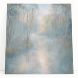 Abstract landscape artwork on stretched canvas, showcasing vibrant colors and fluid shapes, creating a serene ambiance perfect for modern home decor.