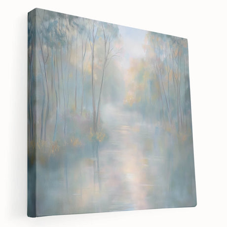 Abstract landscape stretched canvas artwork showcasing vibrant colors and fluid shapes, displayed in a side view to highlight its depth and texture, perfect for modern home decor.