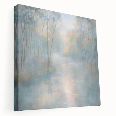 Abstract landscape stretched canvas artwork showcasing vibrant colors and fluid shapes, displayed in a side view to highlight its depth and texture, perfect for modern home decor.