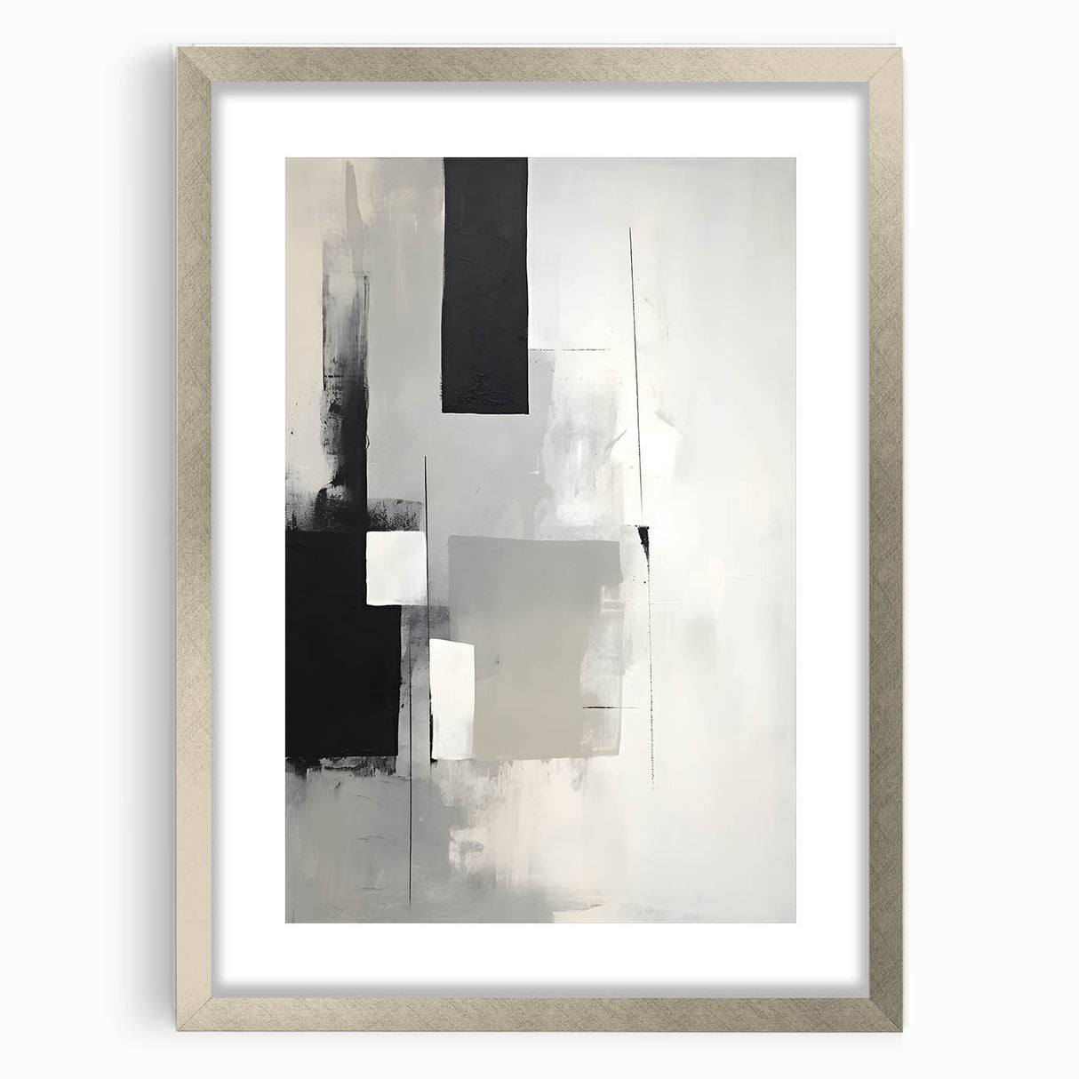 Minimalist abstract wall art framed in silver, showcasing geometric patterns and soft pastel colors, perfect for modern home decor.