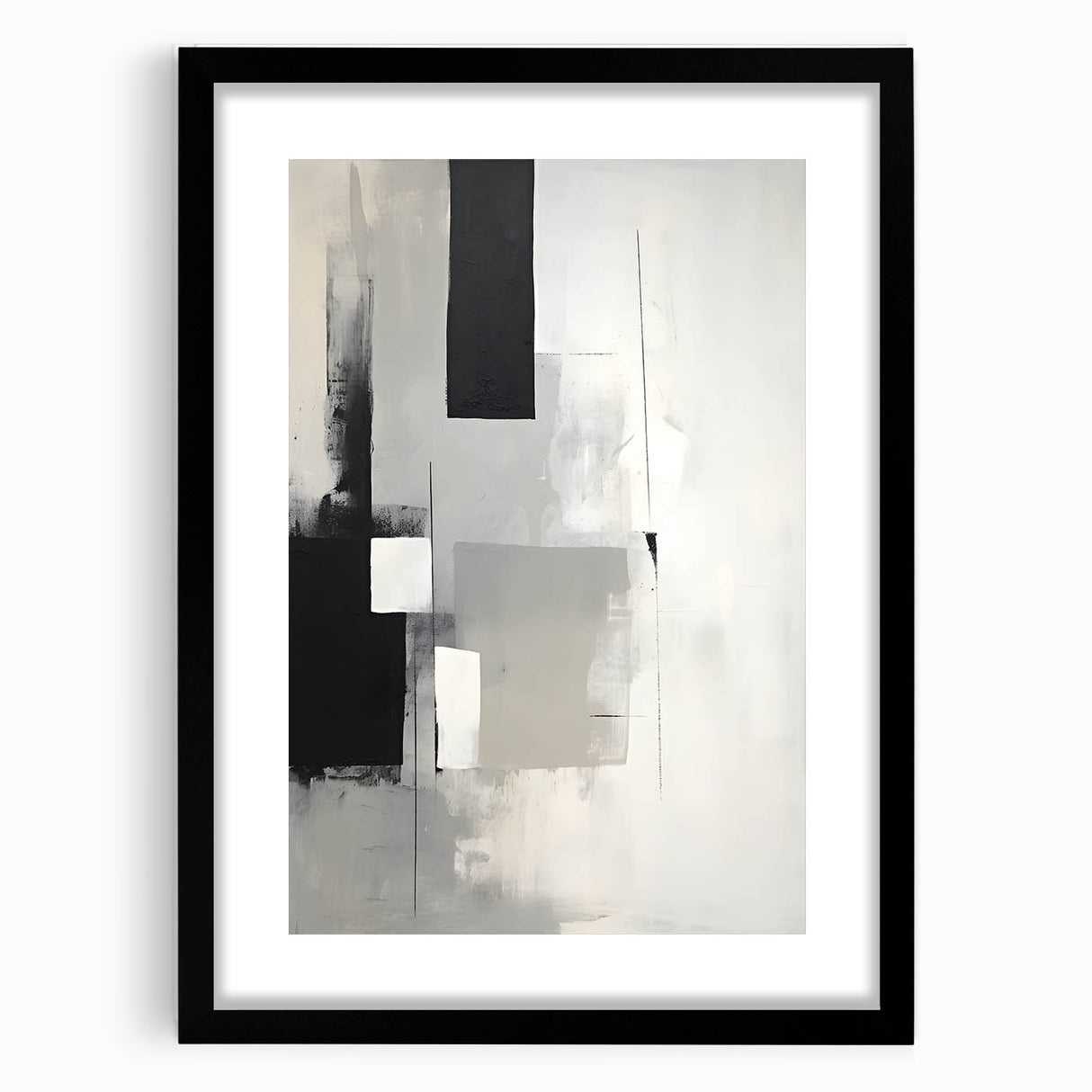 Abstract minimalist wall art framed with a white mat, showcasing soft pastel colors and geometric shapes, perfect for modern home decor.