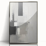 Framed abstract minimalist wall art featuring intricate silver and gray patterns, ideal for modern decor, displayed in a sleek acrylic frame with a contemporary aesthetic.